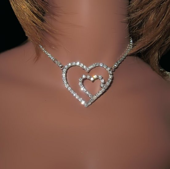 Ornate Double Heart Rhinestone Necklace Choker adjustable - Click Image to Close