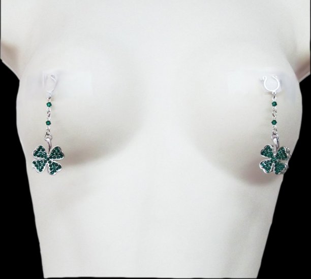 Luck Leaf Clover Nipple Clips Rhinestone Dangle Green or Clear - Click Image to Close