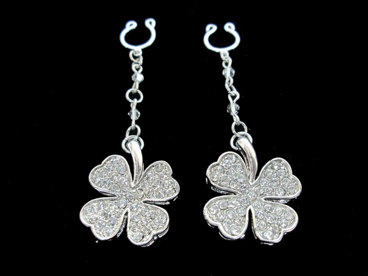 Luck Leaf Clover Nipple Clips Rhinestone Dangle Green or Clear - Click Image to Close