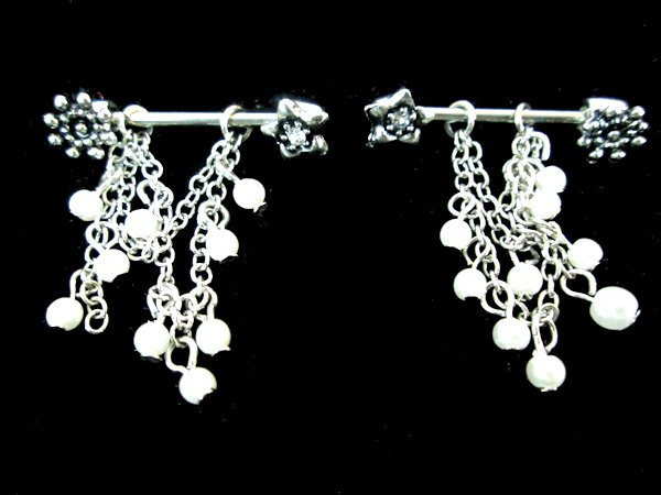 Flower Rhinestone Studded Dangling Pearls Nipple Bars 14g - Click Image to Close